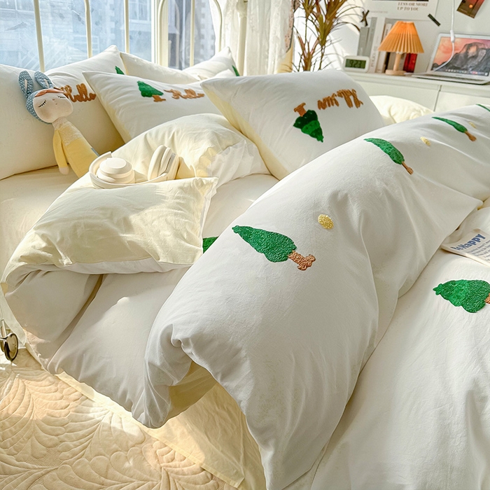 91家纺网 家纺一手货源 找家纺 眠帛家居 2024新款水洗棉奶油小清新毛巾绣四件套早春系列 圣诞树奶油黄