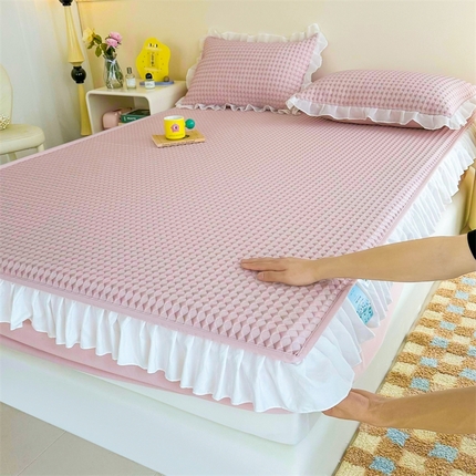 屹成家纺 2024新款PE高分子凉豆豆冰丝凉席床笠款 菱形格-粉色