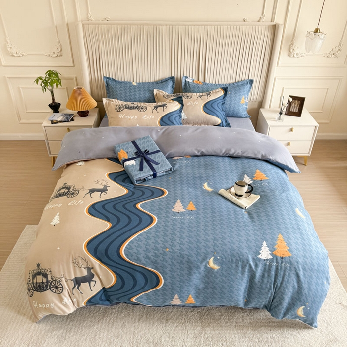 91家纺网 家纺一手货源 找家纺 优尚家纺 2025新款亲肤磨毛新国风大版系列四件套 金碧鹿影