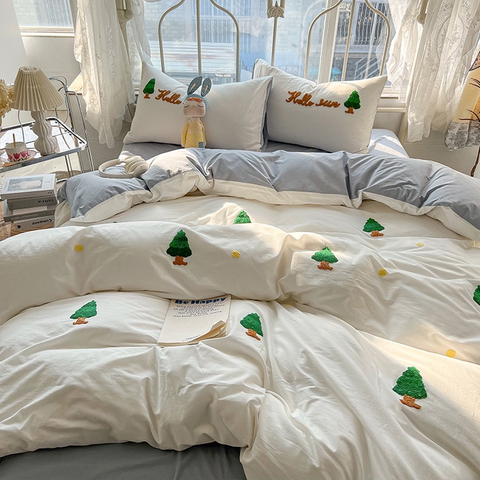 91家纺网 家纺一手货源 找家纺 眠帛家居 2024新款水洗棉奶油小清新毛巾绣四件套早春系列 圣诞树蓝灰