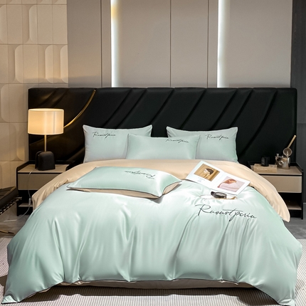 91家纺网 家纺一手货源 找家纺 博纳家纺 2024新款水洗真丝刺绣四件套系列--艾米系列 水绿-奶茶