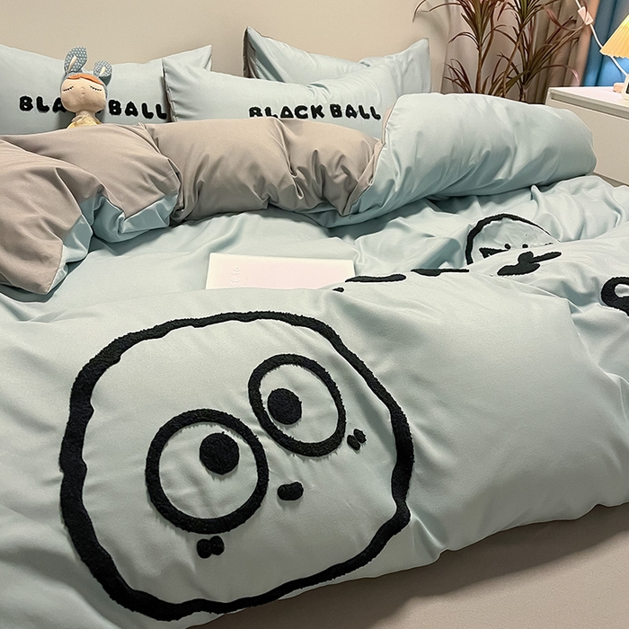 91家纺网 家纺一手货源 找家纺 眠帛家居 2024新款水洗棉毛巾绣四件套-煤球系列 繁星蓝-灰