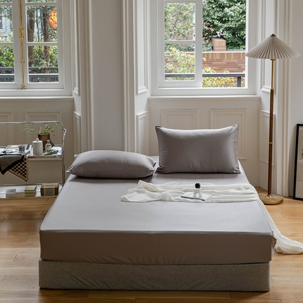 沐晴家纺 2024新款60兰精天丝纯色双拼单床笠 岩石灰