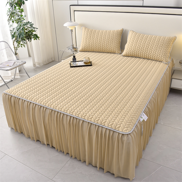 91家纺网 家纺一手货源 找家纺 布卢姆床垫 2025新款A类5mm纯色乳胶凉席床裙梦田系列 梦田-米黄