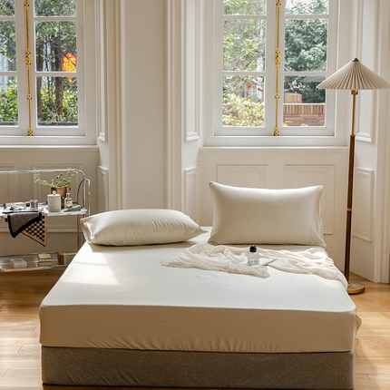 91家纺网 家纺一手货源 找家纺 沐晴家纺 2024新款60兰精天丝纯色双拼单床笠 极地白