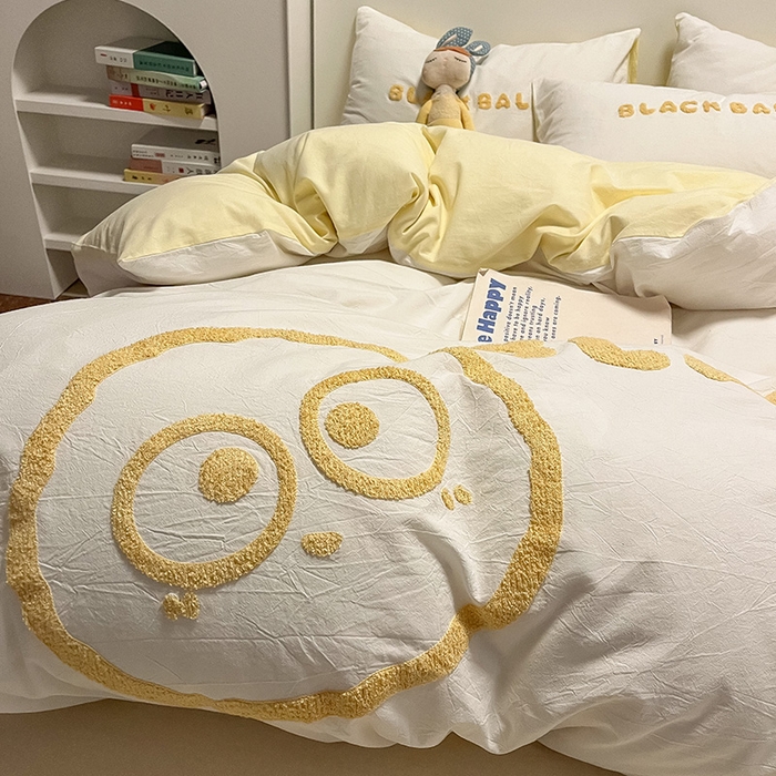 91家纺网 家纺一手货源 找家纺 眠帛家居 2024新款水洗棉毛巾绣四件套-煤球系列 奶黄