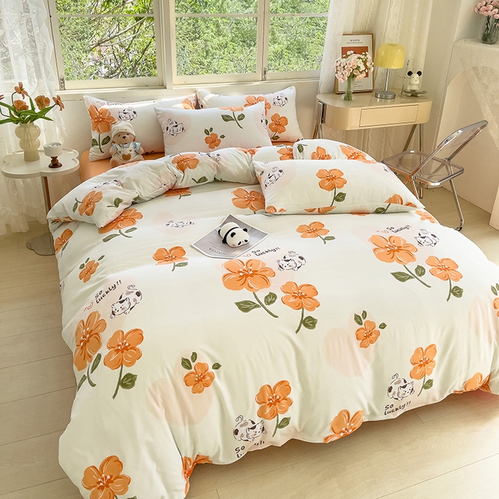 91家纺网 家纺一手货源 找家纺 乐萱家纺 2024新款水洗云朵棉被套小清新超柔印花单被套 爱心猫咪