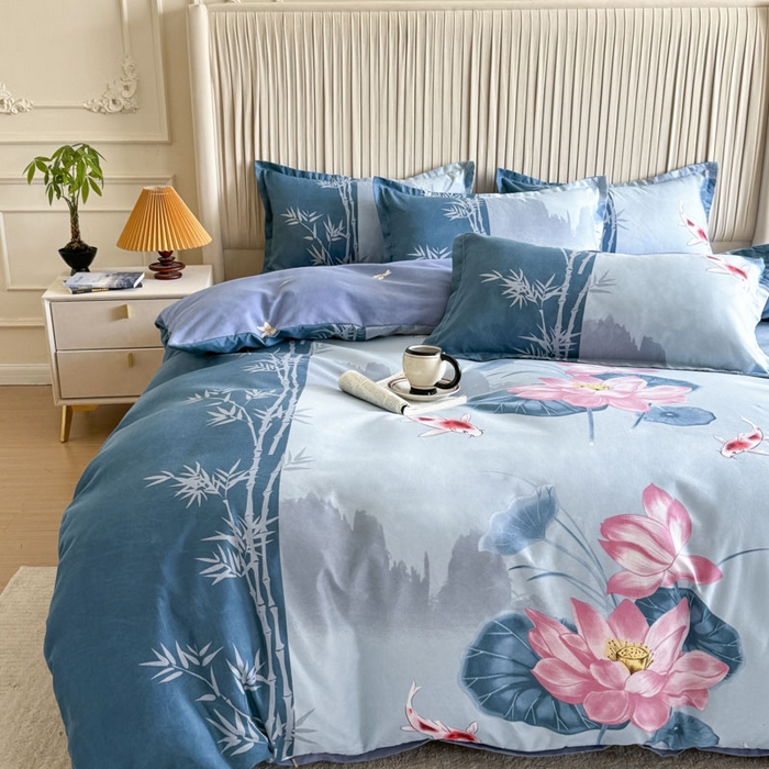 91家纺网 家纺一手货源 找家纺 优尚家纺 2025新款亲肤磨毛新国风大版系列四件套 清幽雅荷