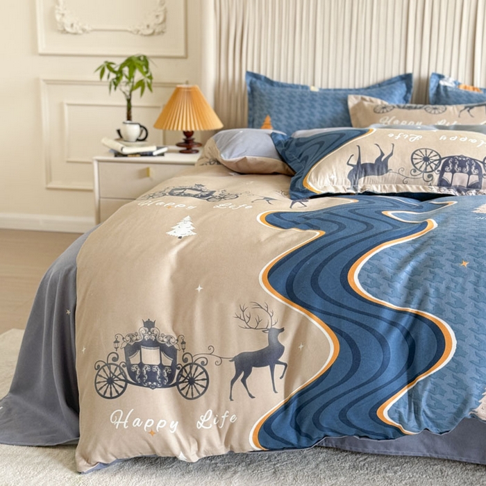 91家纺网 家纺一手货源 找家纺 优尚家纺 2025新款亲肤磨毛新国风大版系列四件套 金碧鹿影