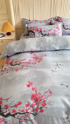 91家纺网 家纺一手货源 找家纺 优尚家纺 2025新款亲肤磨毛新国风大版系列四件套 水墨梅亭