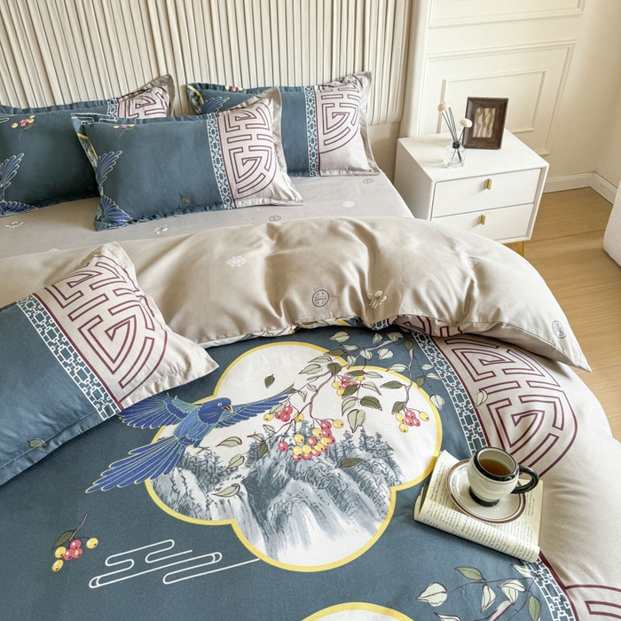 91家纺网 家纺一手货源 找家纺 优尚家纺 2025新款亲肤磨毛新国风大版系列四件套 凌云之喜