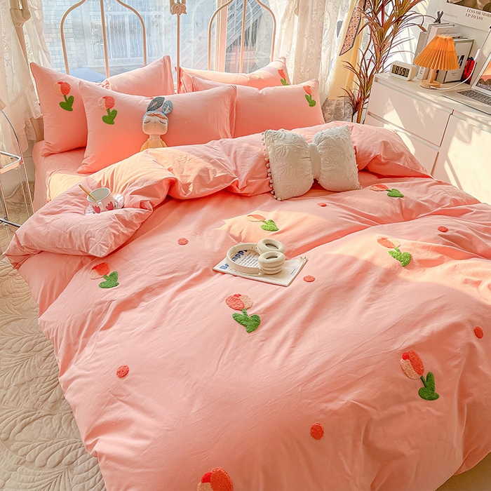 91家纺网 家纺一手货源 找家纺 眠帛家居 2024新款水洗棉奶油小清新毛巾绣四件套早春系列 郁金香奶油粉