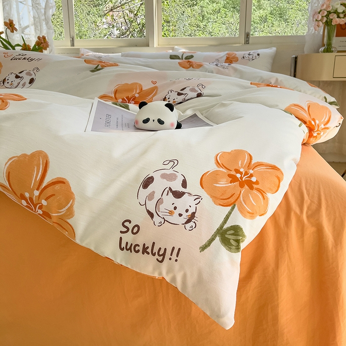 91家纺网 家纺一手货源 找家纺 乐萱家纺 2024新款水洗云朵棉被套小清新超柔印花单被套 爱心猫咪