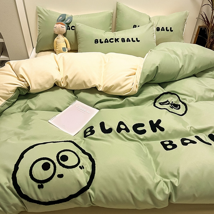 91家纺网 家纺一手货源 找家纺 眠帛家居 2024新款水洗棉毛巾绣四件套-煤球系列 果绿-奶黄