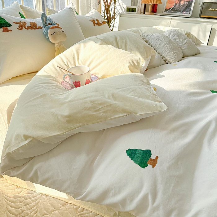 91家纺网 家纺一手货源 找家纺 眠帛家居 2024新款水洗棉奶油小清新毛巾绣四件套早春系列 圣诞树奶油黄