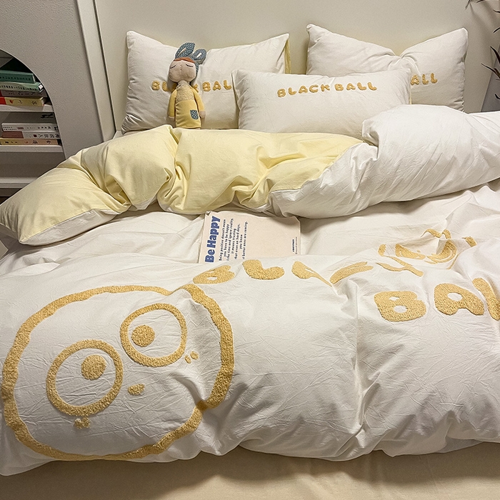 91家纺网 家纺一手货源 找家纺 眠帛家居 2024新款水洗棉毛巾绣四件套-煤球系列 奶黄