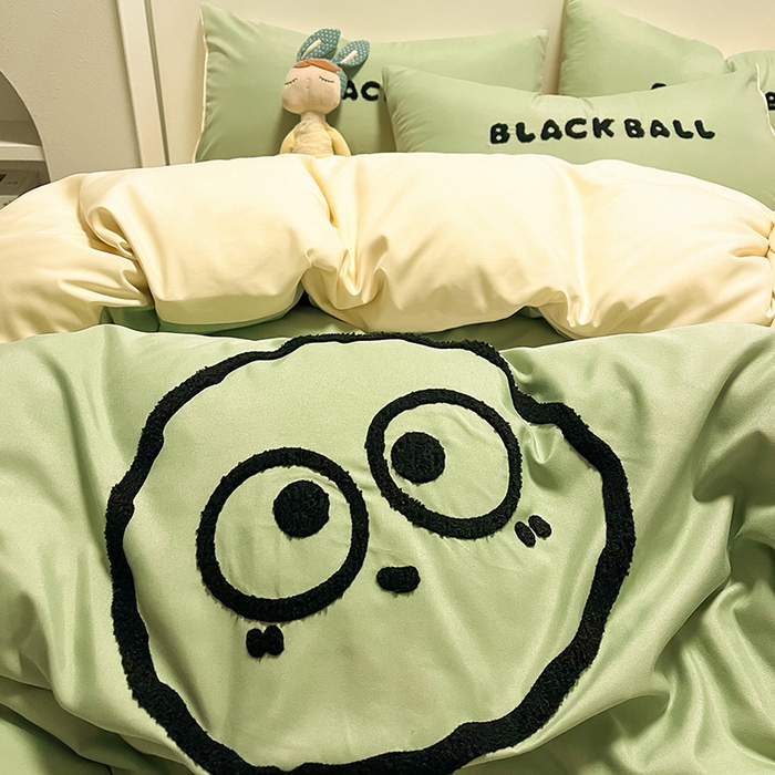 91家纺网 家纺一手货源 找家纺 眠帛家居 2024新款水洗棉毛巾绣四件套-煤球系列 果绿-奶黄