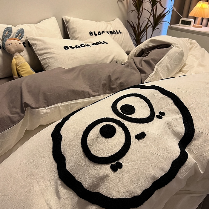 91家纺网 家纺一手货源 找家纺 眠帛家居 2024新款水洗棉毛巾绣四件套-煤球系列 浅灰