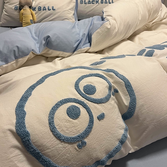 91家纺网 家纺一手货源 找家纺 眠帛家居 2024新款水洗棉毛巾绣四件套-煤球系列 天空蓝