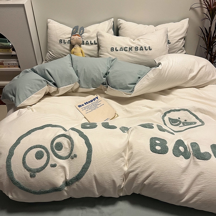 91家纺网 家纺一手货源 找家纺 眠帛家居 2024新款水洗棉毛巾绣四件套-煤球系列 繁星蓝