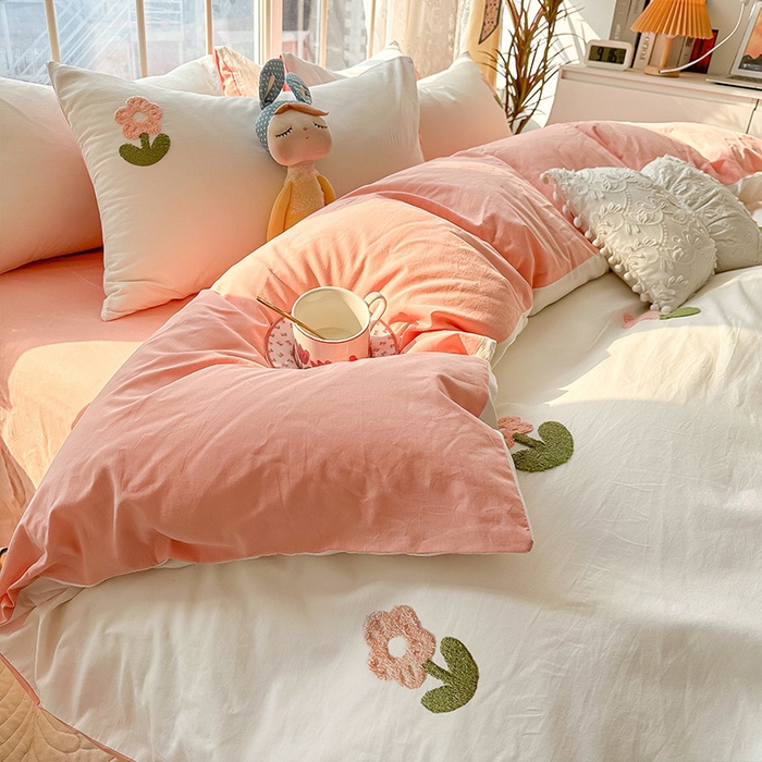 91家纺网 家纺一手货源 找家纺 眠帛家居 2024新款水洗棉奶油小清新毛巾绣四件套早春系列 朵朵奶油白