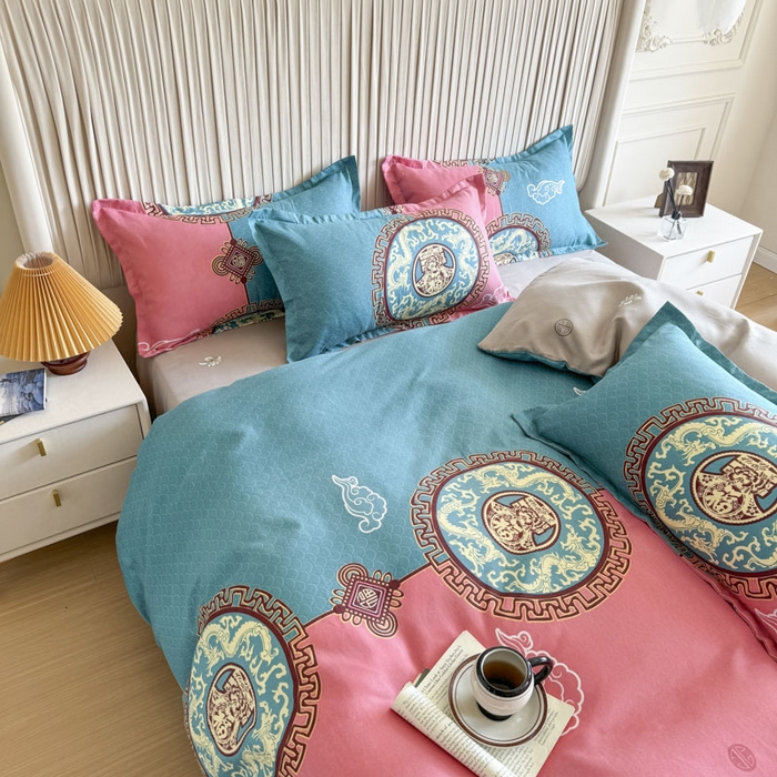 91家纺网 家纺一手货源 找家纺 优尚家纺 2025新款亲肤磨毛新国风大版系列四件套 福绿缘红