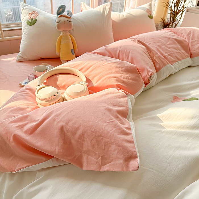 91家纺网 家纺一手货源 找家纺 眠帛家居 2024新款水洗棉奶油小清新毛巾绣四件套早春系列 朵朵奶油白