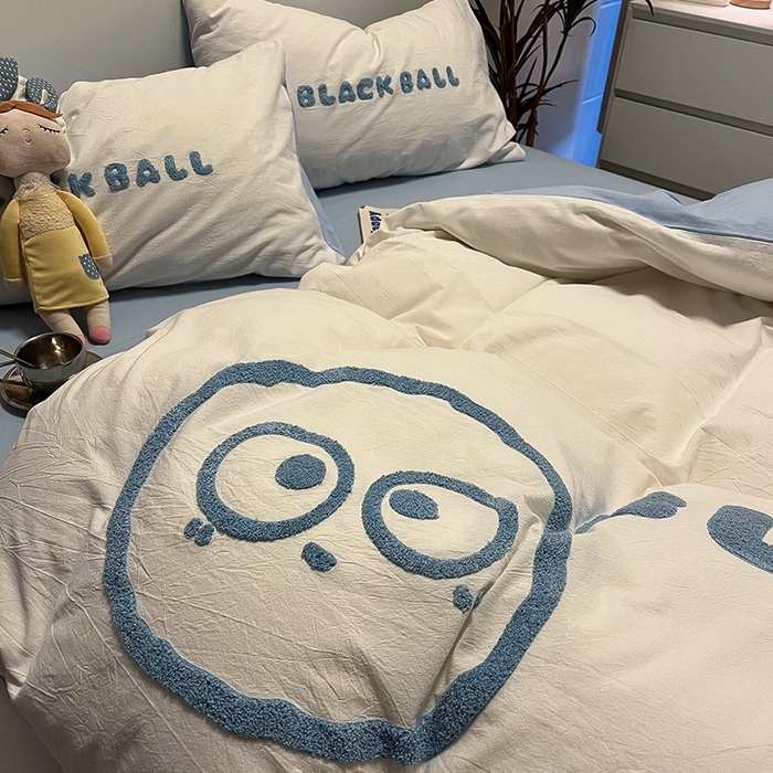 91家纺网 家纺一手货源 找家纺 眠帛家居 2024新款水洗棉毛巾绣四件套-煤球系列 天空蓝