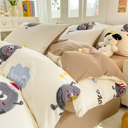 91家纺网 家纺一手货源 找家纺 雅阁尔家纺 2024新款直播热款水洗云朵棉四件套美式碎花简约风床单单品单被套 快乐煤球