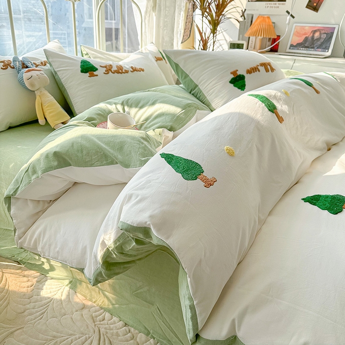 91家纺网 家纺一手货源 找家纺 眠帛家居 2024新款水洗棉奶油小清新毛巾绣四件套早春系列 圣诞树奶油绿
