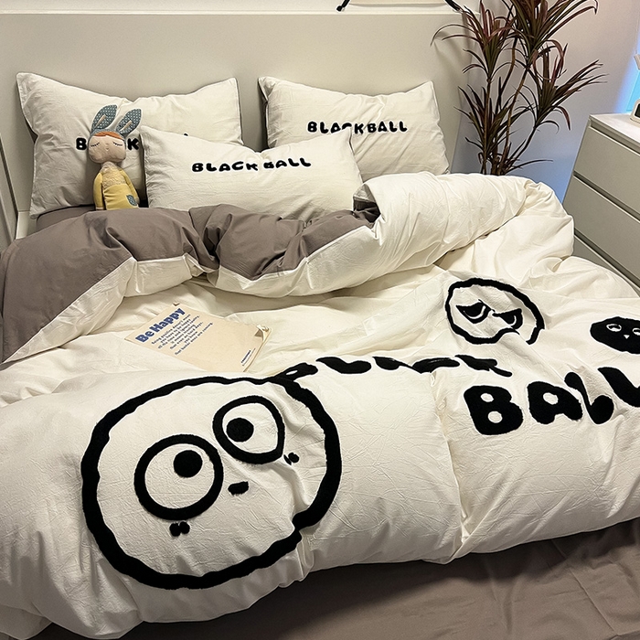 91家纺网 家纺一手货源 找家纺 眠帛家居 2024新款水洗棉毛巾绣四件套-煤球系列 浅灰