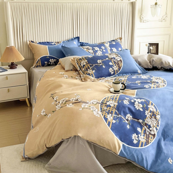91家纺网 家纺一手货源 找家纺 优尚家纺 2025新款亲肤磨毛新国风大版系列四件套 碧金海棠