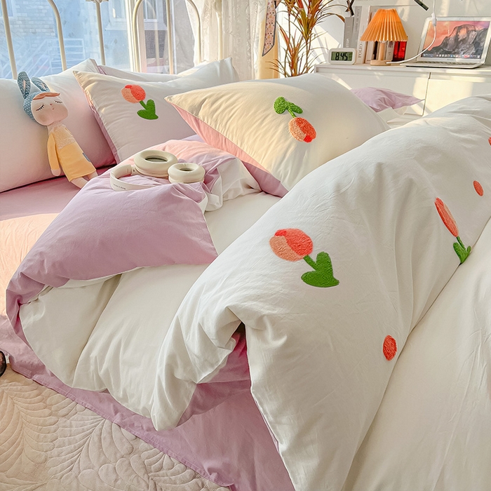 91家纺网 家纺一手货源 找家纺 眠帛家居 2024新款水洗棉奶油小清新毛巾绣四件套早春系列 郁金香奶油紫