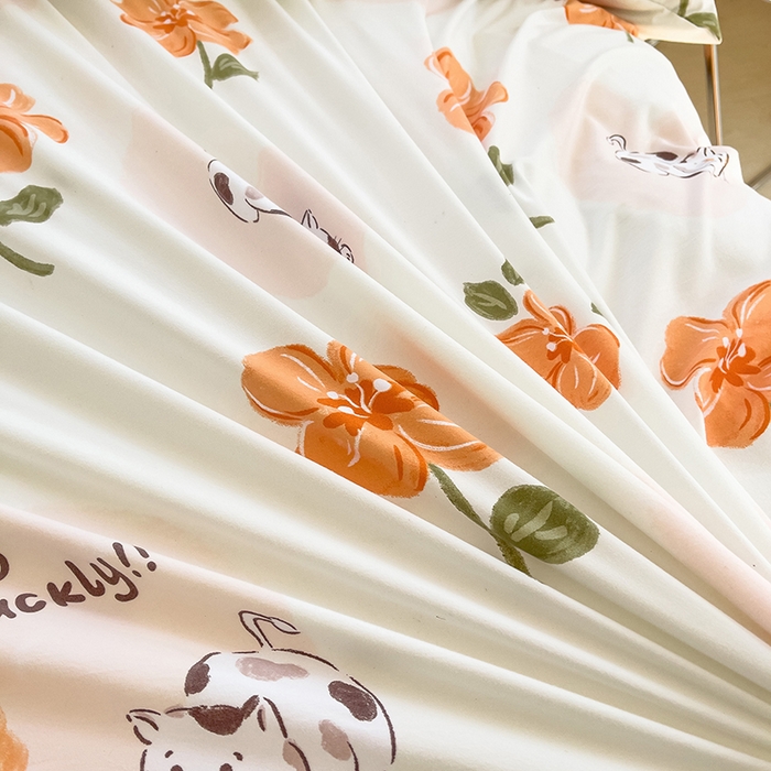 91家纺网 家纺一手货源 找家纺 乐萱家纺 2024新款水洗云朵棉被套小清新超柔印花单被套 爱心猫咪