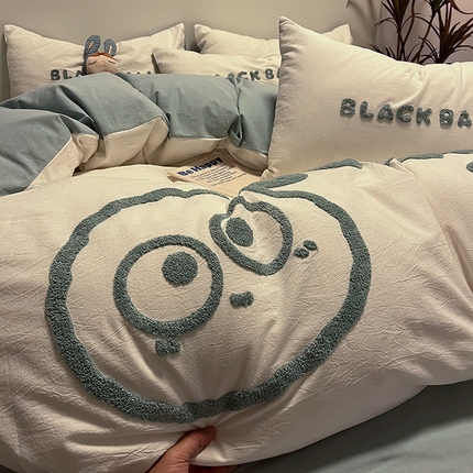 91家纺网 家纺一手货源 找家纺 （总）眠帛家居 2024新款水洗棉毛巾绣四件套-煤球系列