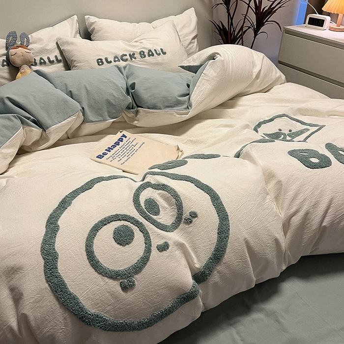 91家纺网 家纺一手货源 找家纺 眠帛家居 2024新款水洗棉毛巾绣四件套-煤球系列 繁星蓝