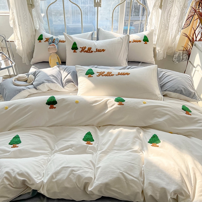 91家纺网 家纺一手货源 找家纺 眠帛家居 2024新款水洗棉奶油小清新毛巾绣四件套早春系列 圣诞树蓝灰