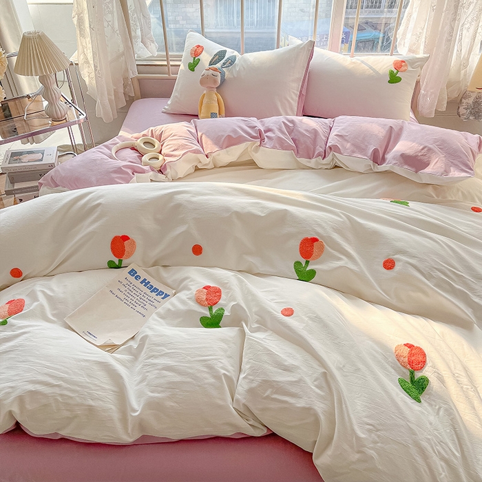 91家纺网 家纺一手货源 找家纺 眠帛家居 2024新款水洗棉奶油小清新毛巾绣四件套早春系列 郁金香奶油紫