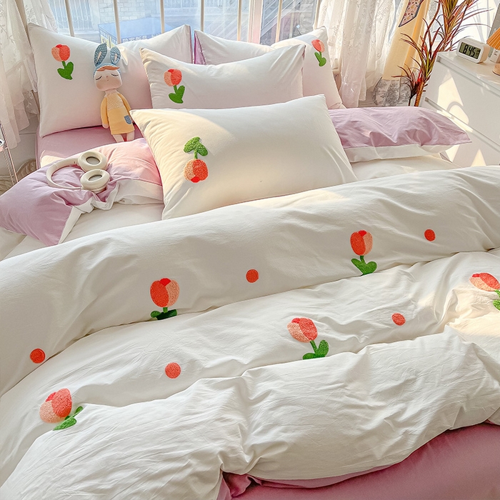 91家纺网 家纺一手货源 找家纺 眠帛家居 2024新款水洗棉奶油小清新毛巾绣四件套早春系列 郁金香奶油紫