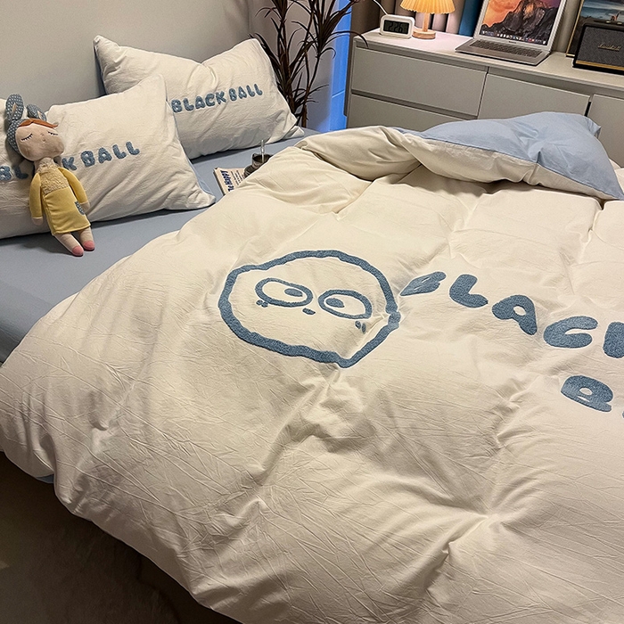 91家纺网 家纺一手货源 找家纺 眠帛家居 2024新款水洗棉毛巾绣四件套-煤球系列 天空蓝