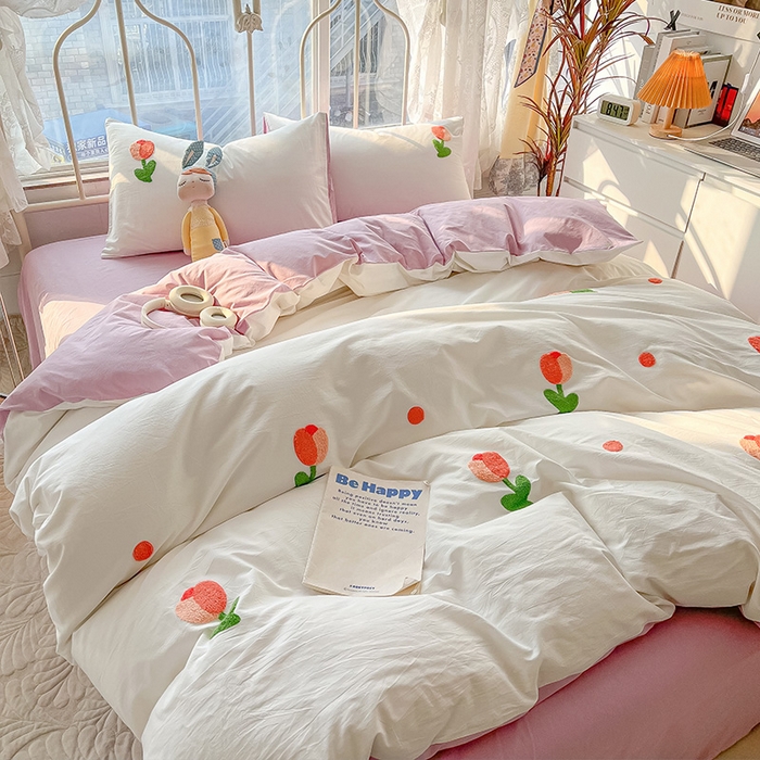 91家纺网 家纺一手货源 找家纺 眠帛家居 2024新款水洗棉奶油小清新毛巾绣四件套早春系列 郁金香奶油紫