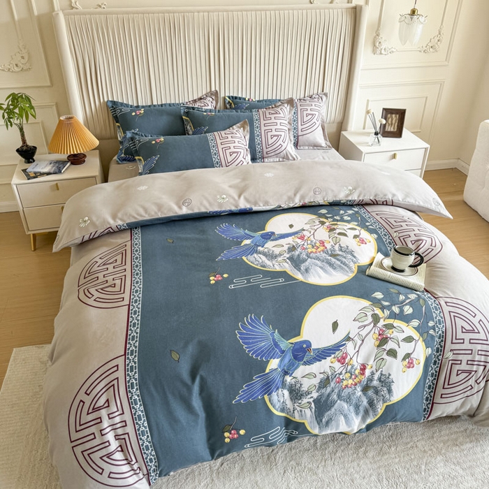 91家纺网 家纺一手货源 找家纺 优尚家纺 2025新款亲肤磨毛新国风大版系列四件套 凌云之喜