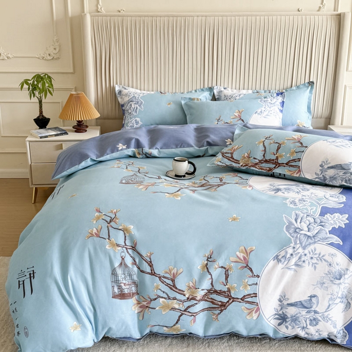 91家纺网 家纺一手货源 找家纺 优尚家纺 2025新款亲肤磨毛新国风大版系列四件套 青瓷人间