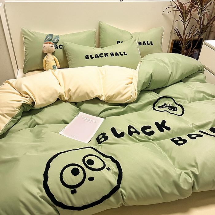 91家纺网 家纺一手货源 找家纺 眠帛家居 2024新款水洗棉毛巾绣四件套-煤球系列 果绿-奶黄