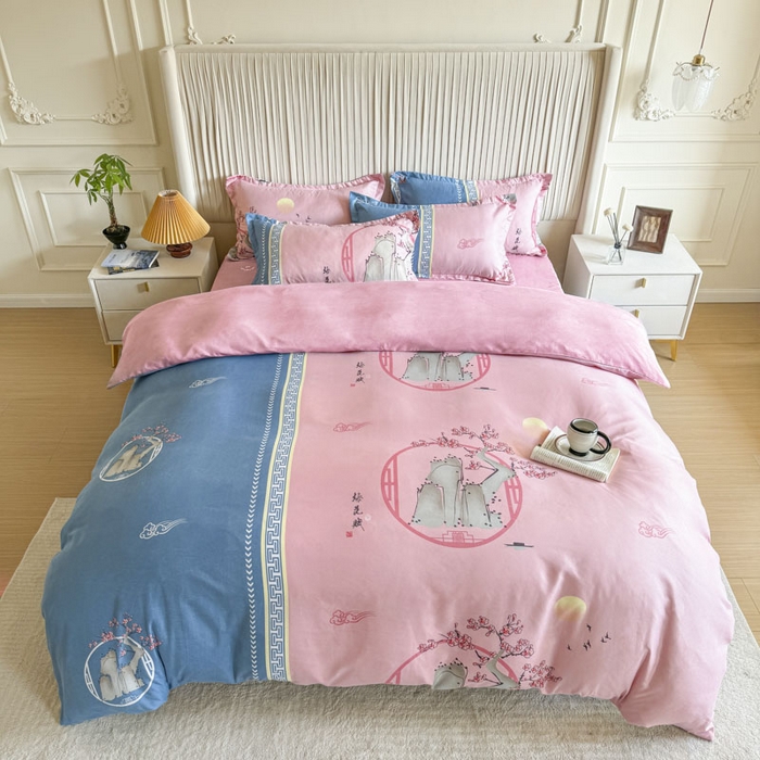 91家纺网 家纺一手货源 找家纺 优尚家纺 2025新款亲肤磨毛新国风大版系列四件套 静黛梅芳