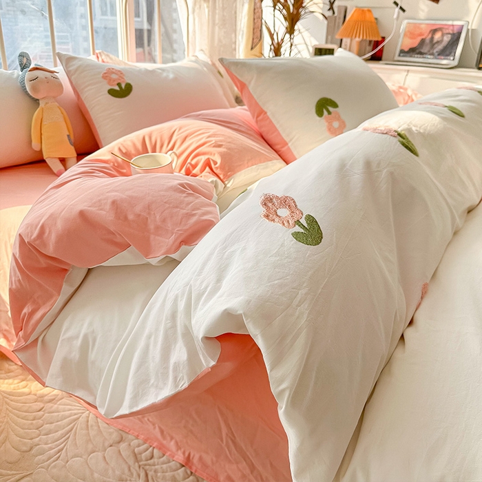 91家纺网 家纺一手货源 找家纺 眠帛家居 2024新款水洗棉奶油小清新毛巾绣四件套早春系列 朵朵奶油白