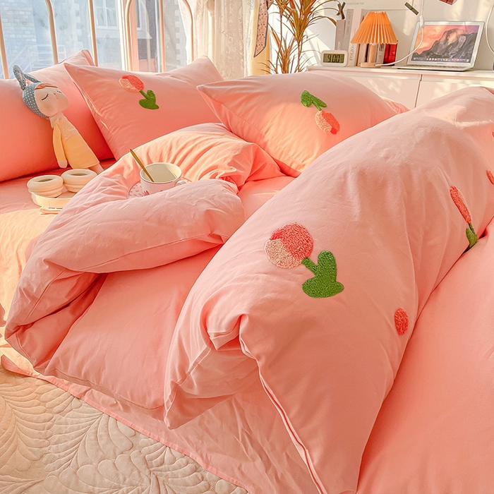 91家纺网 家纺一手货源 找家纺 眠帛家居 2024新款水洗棉奶油小清新毛巾绣四件套早春系列 郁金香奶油粉