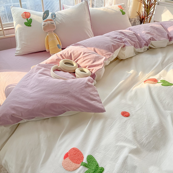 91家纺网 家纺一手货源 找家纺 眠帛家居 2024新款水洗棉奶油小清新毛巾绣四件套早春系列 郁金香奶油紫