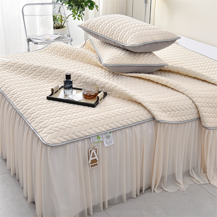 91家纺网 家纺一手货源 找家纺 布卢姆床垫 2025新款A类5mm纯色乳胶凉席床裙梦田系列夏被凉席四件套 梦田-米白