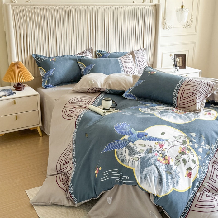 91家纺网 家纺一手货源 找家纺 优尚家纺 2025新款亲肤磨毛新国风大版系列四件套 凌云之喜